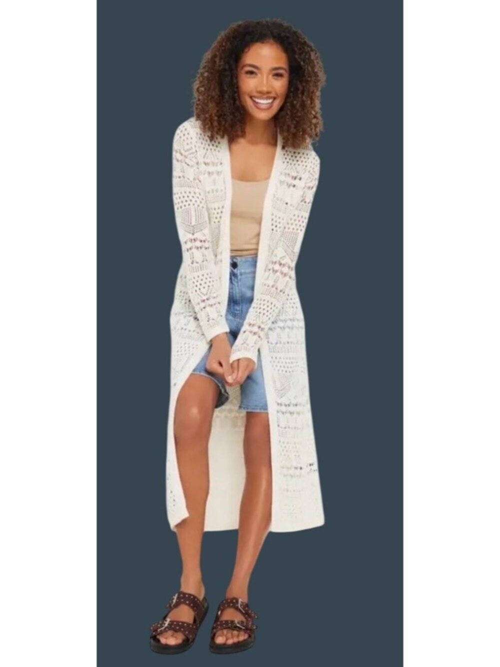 Pyramid Collection Cream Crochet Longline Hooded Cardigan Floral Details Open M